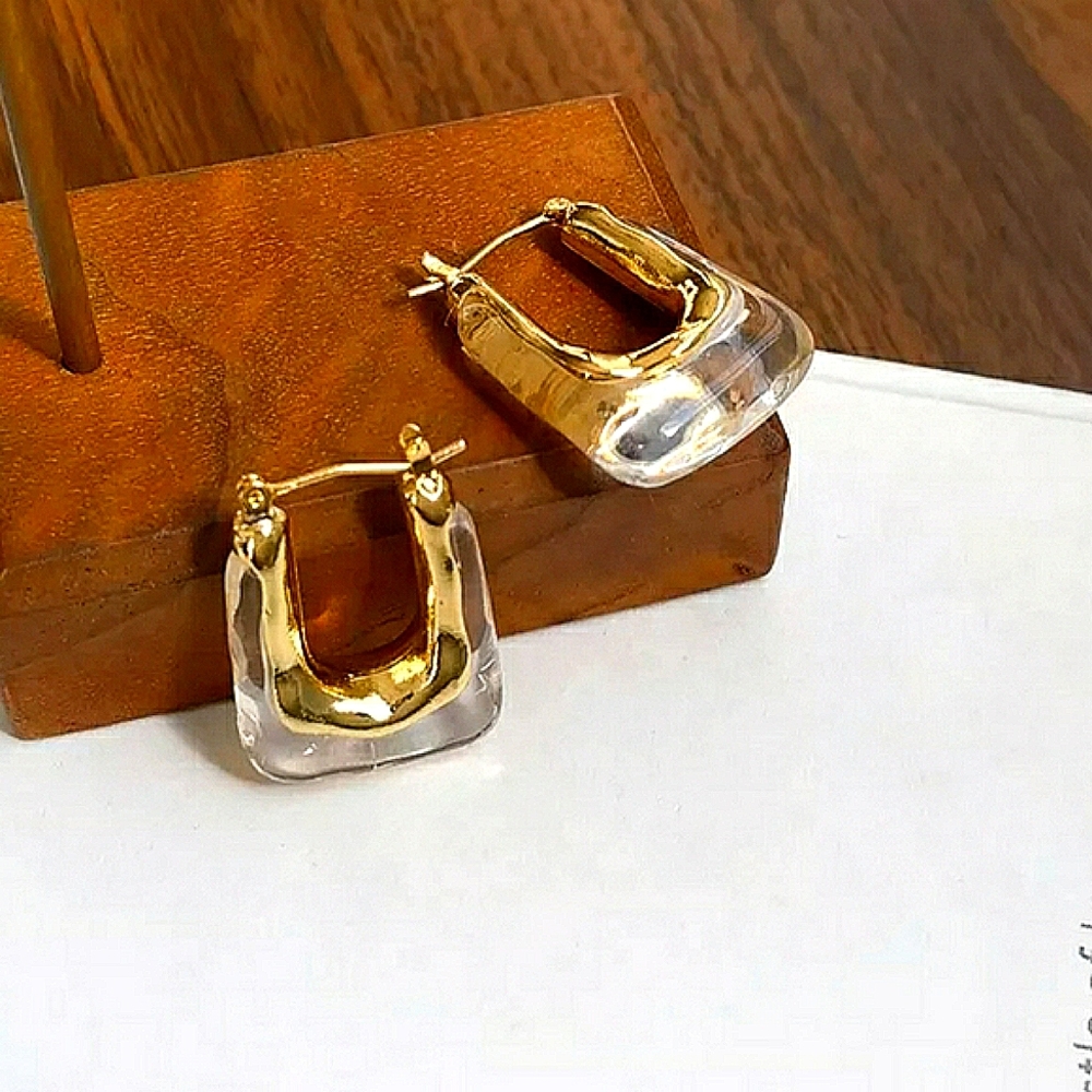 Clear Resin Gold Rectangular Huggie Hoop Earrings; Minimalist Statement; NWOT